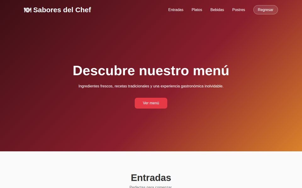Vista previa del ejemplo de sitio web para un restaurante